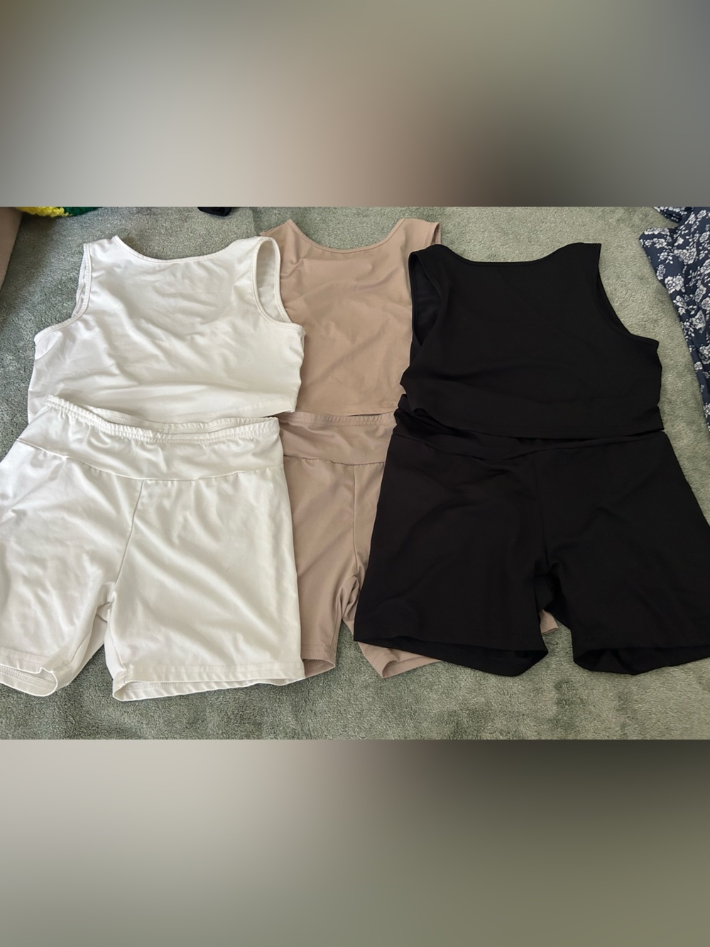 SHEIN 3-Piece Bike Shorts & Crop Tank Set - White, Taupe, Black